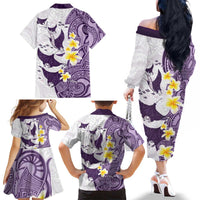 Maori Manta Ray Plumeria Deep Purple Family Matching Off The Shoulder Long Sleeve Dress and Hawaiian Shirt LT01 - Polynesian Pride