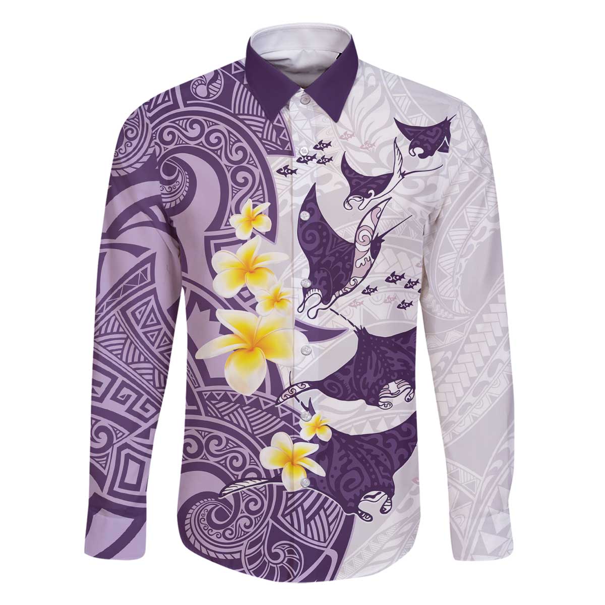 Maori Manta Ray Plumeria Deep Purple Family Matching Off The Shoulder Long Sleeve Dress and Hawaiian Shirt LT01 Dad's Shirt - Long Sleeve Purple - Polynesian Pride