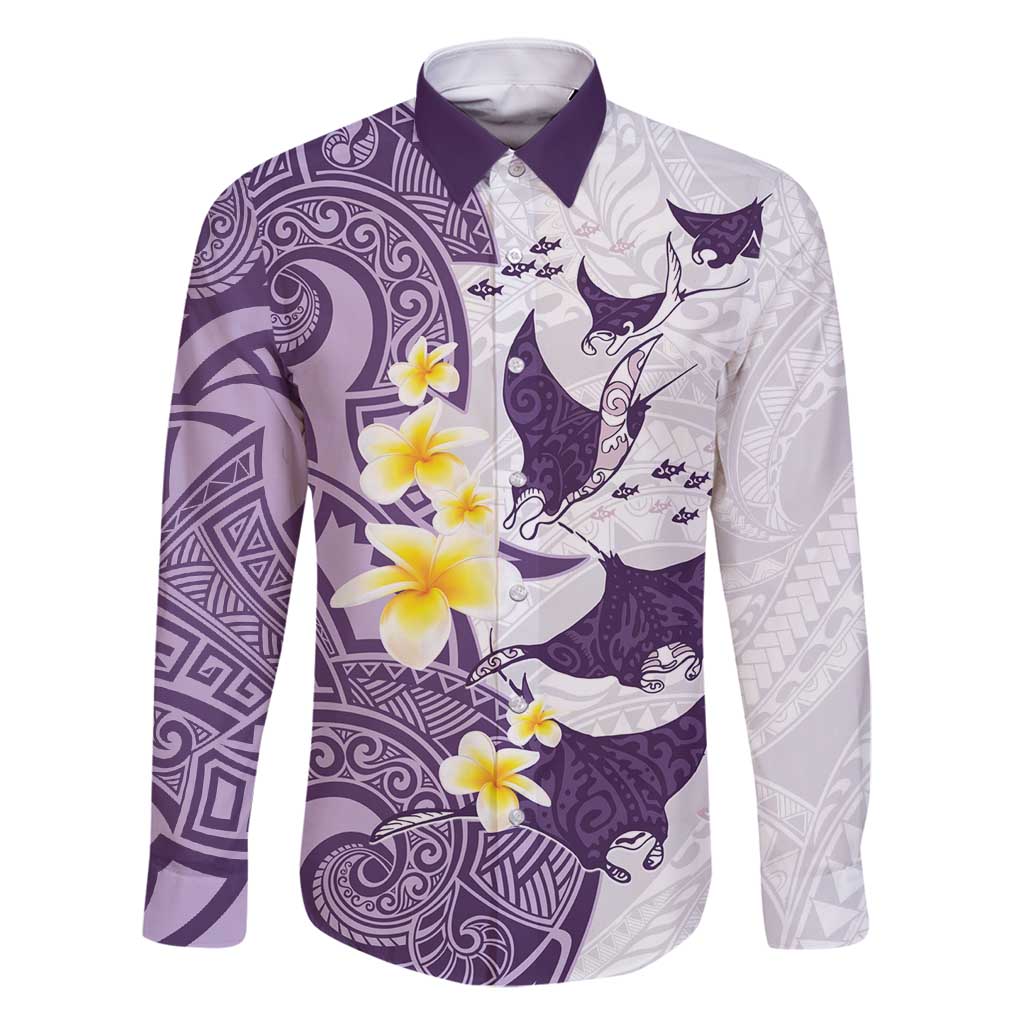 Maori Manta Ray Plumeria Deep Purple Family Matching Off Shoulder Maxi Dress and Hawaiian Shirt LT01 Dad's Shirt - Long Sleeve Purple - Polynesian Pride