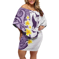 Maori Manta Ray Plumeria Deep Purple Family Matching Off Shoulder Short Dress and Hawaiian Shirt LT01 Mom's Dress Purple - Polynesian Pride