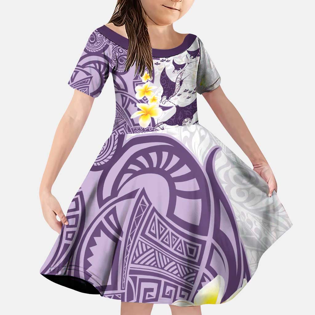 Maori Manta Ray Plumeria Deep Purple Family Matching Puletasi and Hawaiian Shirt LT01 Daughter's Dress Purple - Polynesian Pride