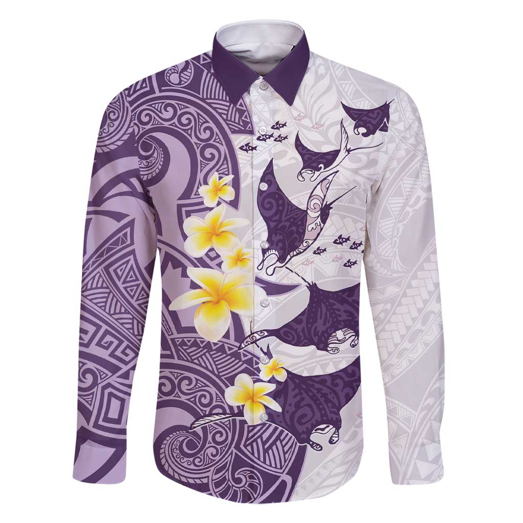 Maori Manta Ray Plumeria Deep Purple Family Matching Short Sleeve Bodycon Dress and Hawaiian Shirt LT01 Dad's Shirt - Long Sleeve Purple - Polynesian Pride