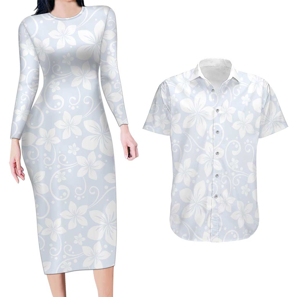 Plumeria Floral White Sunday Couples Matching Long Sleeve Bodycon Dress and Hawaiian Shirt LT01 White - Polynesian Pride