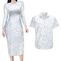 Plumeria Floral White Sunday Couples Matching Long Sleeve Bodycon Dress and Hawaiian Shirt LT01 White - Polynesian Pride