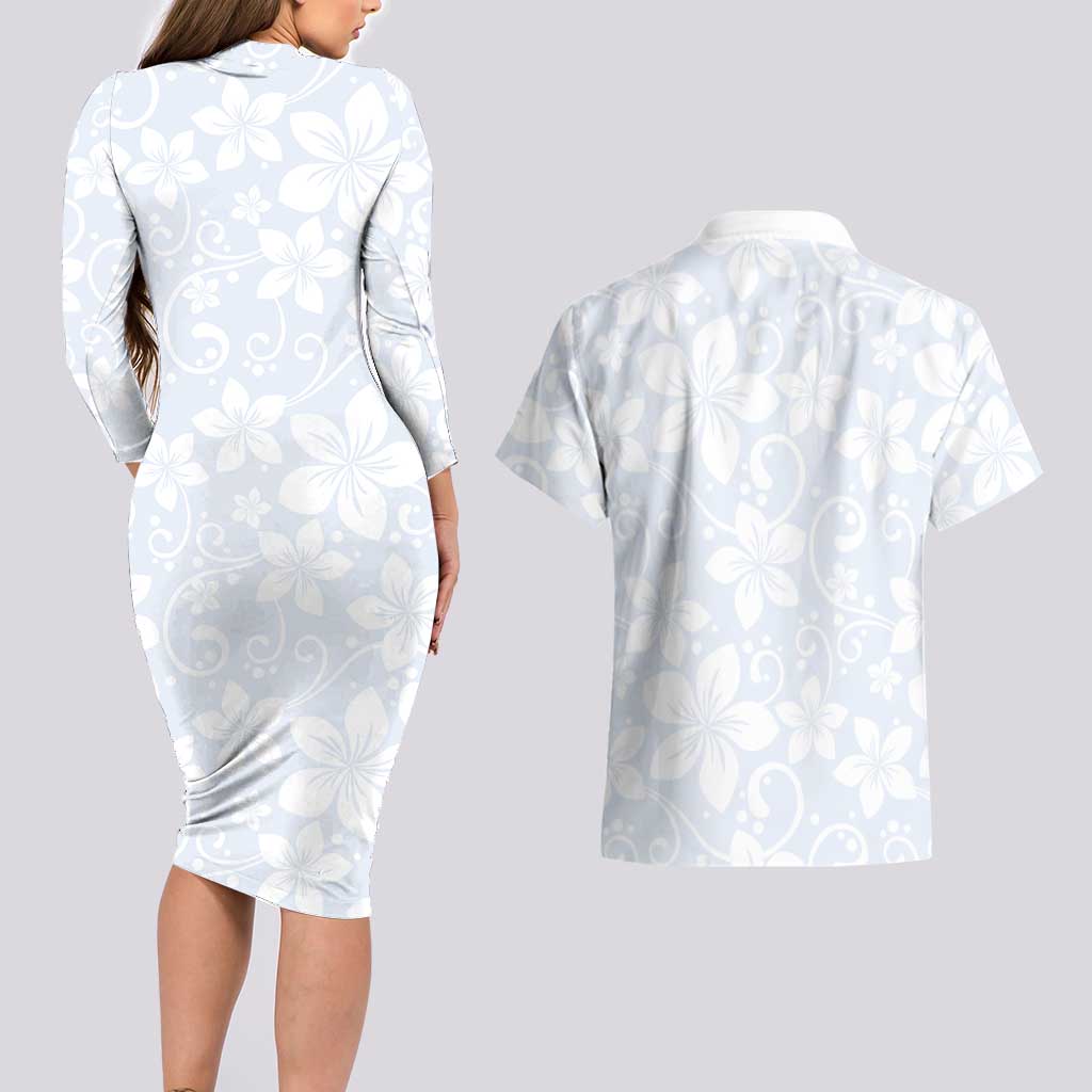 Plumeria Floral White Sunday Couples Matching Long Sleeve Bodycon Dress and Hawaiian Shirt LT01 - Polynesian Pride