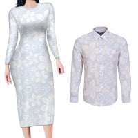 Plumeria Floral White Sunday Couples Matching Long Sleeve Bodycon Dress and Long Sleeve Button Shirt LT01 White - Polynesian Pride