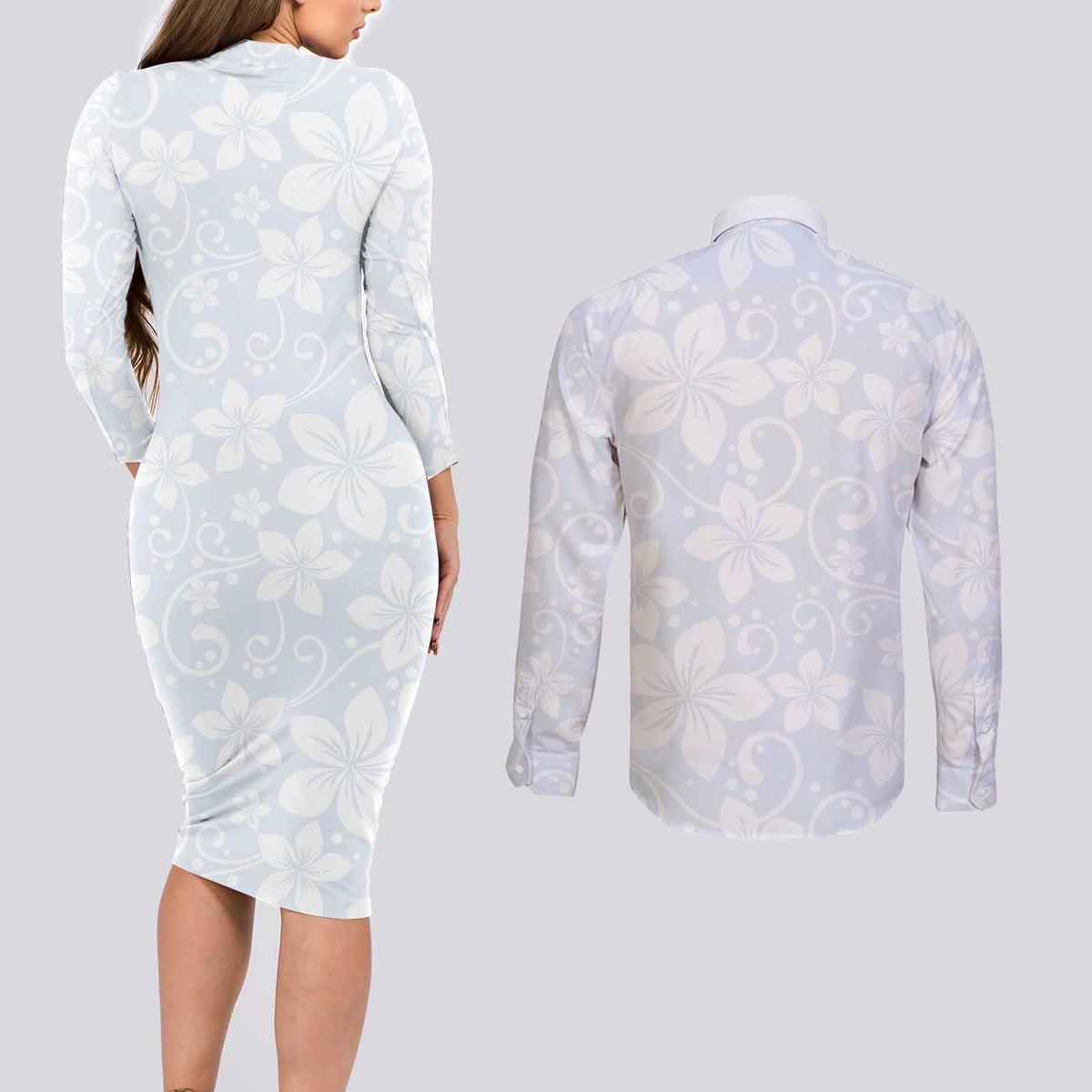 Plumeria Floral White Sunday Couples Matching Long Sleeve Bodycon Dress and Long Sleeve Button Shirt LT01 - Polynesian Pride