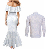 Plumeria Floral White Sunday Couples Matching Mermaid Dress and Long Sleeve Button Shirt