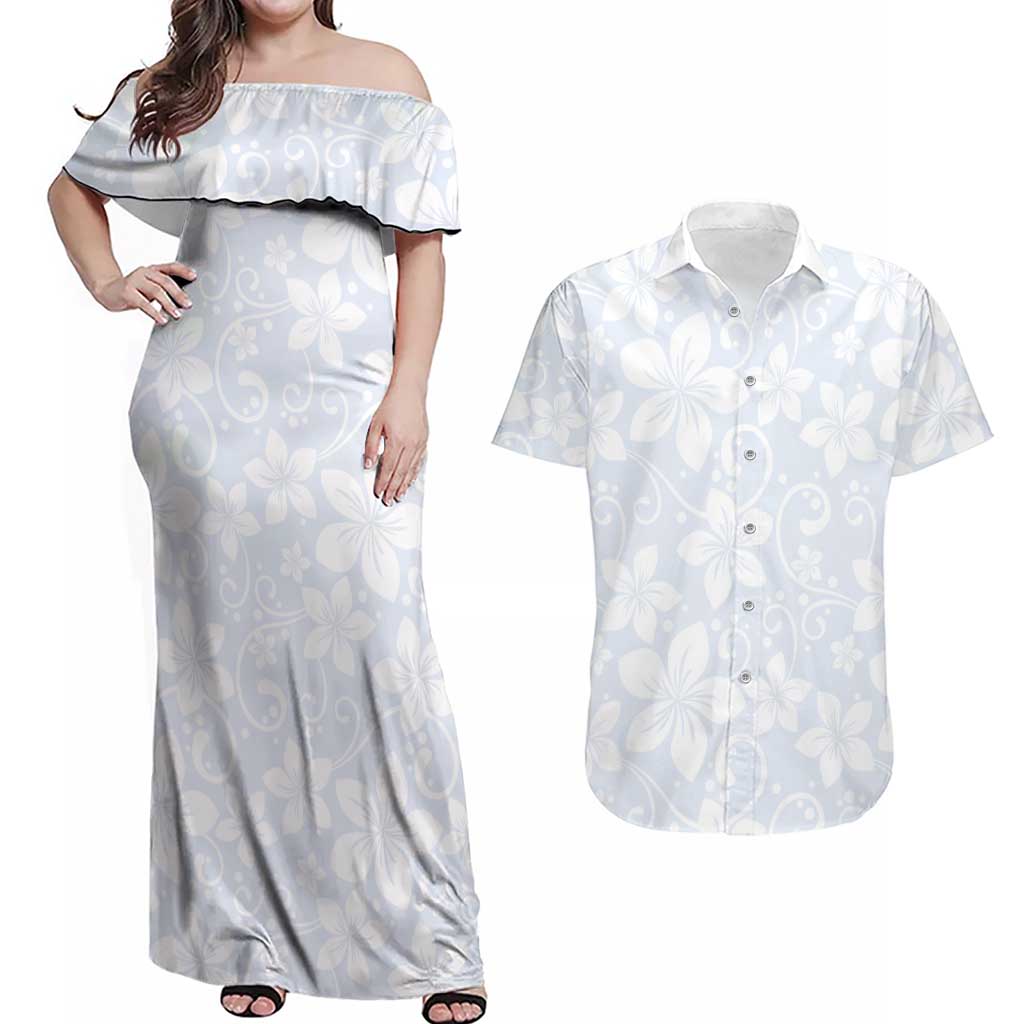 Plumeria Floral White Sunday Couples Matching Off Shoulder Maxi Dress and Hawaiian Shirt LT01 White - Polynesian Pride