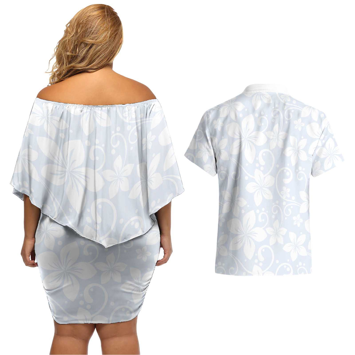 Plumeria Floral White Sunday Couples Matching Off Shoulder Short Dress and Hawaiian Shirt LT01 - Polynesian Pride