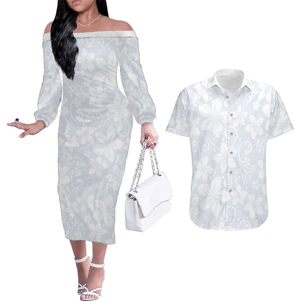 Plumeria Floral White Sunday Couples Matching Off The Shoulder Long Sleeve Dress and Hawaiian Shirt LT01 White - Polynesian Pride