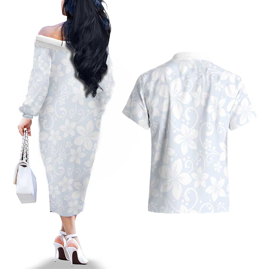Plumeria Floral White Sunday Couples Matching Off The Shoulder Long Sleeve Dress and Hawaiian Shirt LT01 - Polynesian Pride