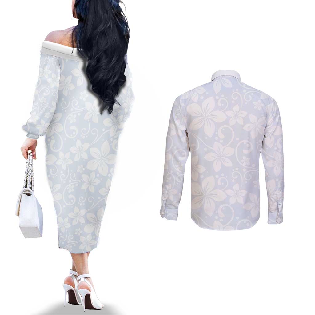 Plumeria Floral White Sunday Couples Matching Off The Shoulder Long Sleeve Dress and Long Sleeve Button Shirt LT01 - Polynesian Pride