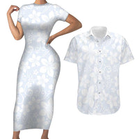 Plumeria Floral White Sunday Couples Matching Short Sleeve Bodycon Dress and Hawaiian Shirt LT01 White - Polynesian Pride