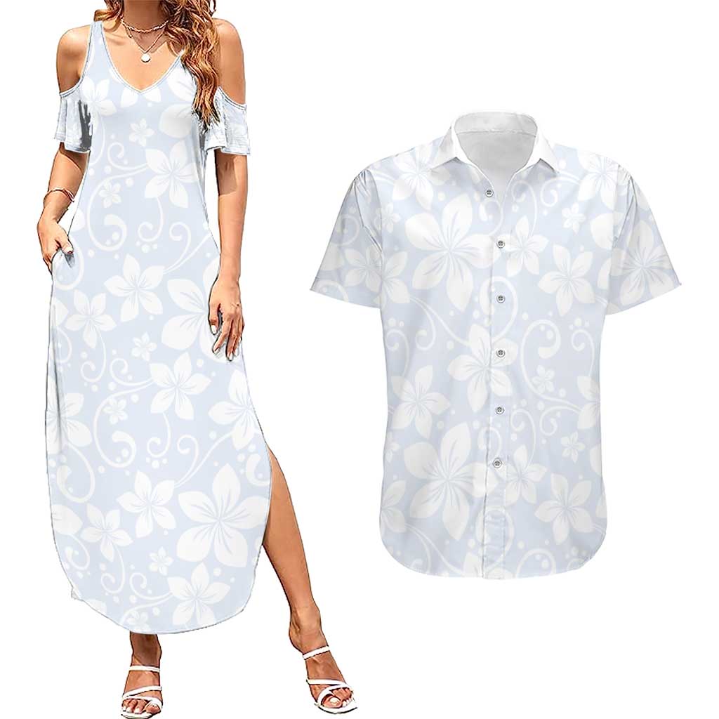 Plumeria Floral White Sunday Couples Matching Summer Maxi Dress and Hawaiian Shirt LT01 White - Polynesian Pride