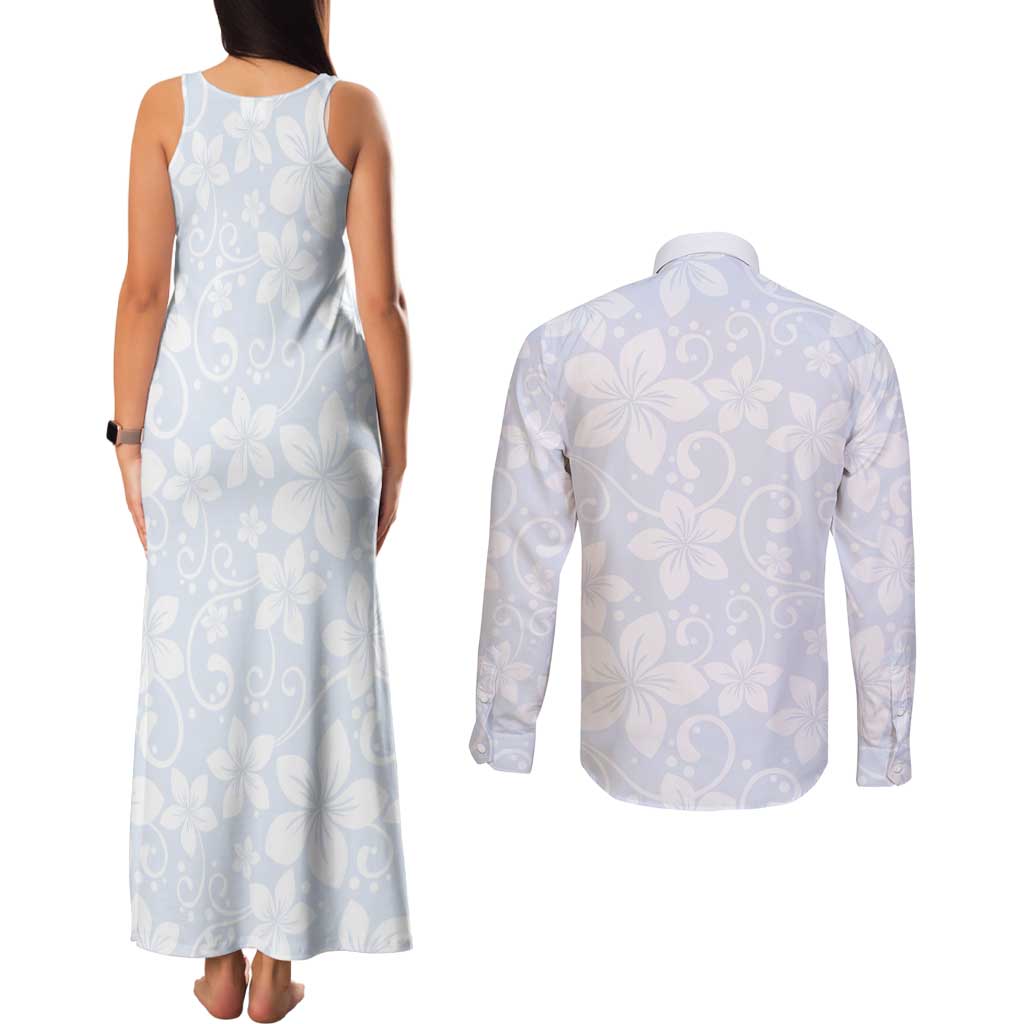 Plumeria Floral White Sunday Couples Matching Tank Maxi Dress and Long Sleeve Button Shirt