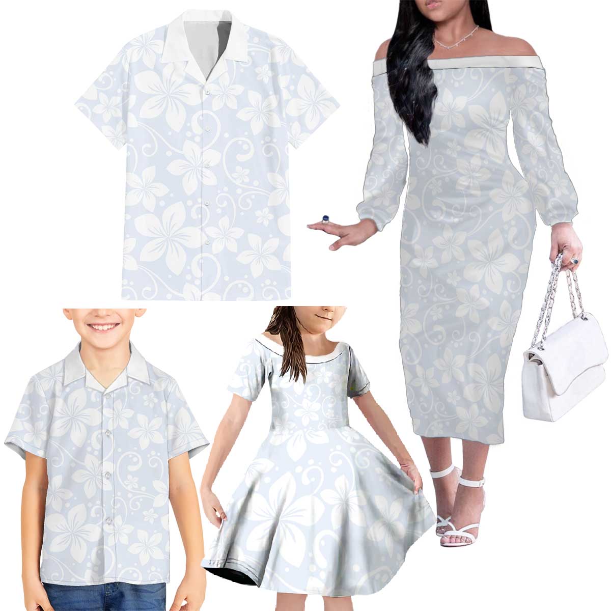 Plumeria Floral White Sunday Family Matching Off The Shoulder Long Sleeve Dress and Hawaiian Shirt LT01 - Polynesian Pride