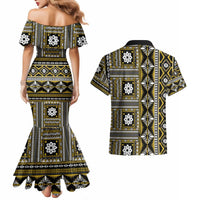 Fiji Masi Tapa Pattern Yellow Couples Matching Mermaid Dress and Hawaiian Shirt - Polynesian Pride