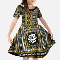 Fiji Masi Tapa Pattern Yellow Family Matching Long Sleeve Bodycon Dress and Hawaiian Shirt LT01 Daughter's Dress Yellow - Polynesian Pride