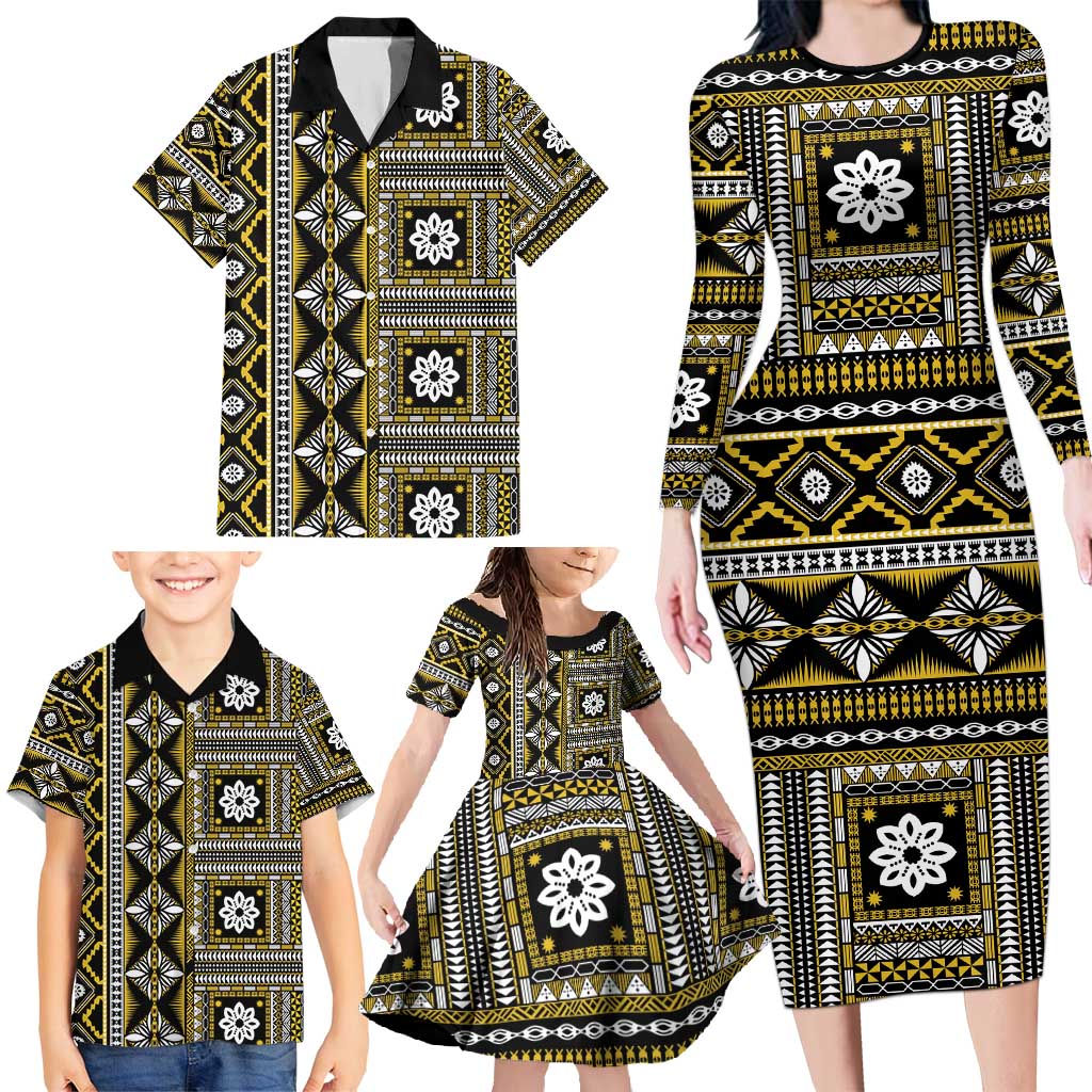 Fiji Masi Tapa Pattern Yellow Family Matching Long Sleeve Bodycon Dress and Hawaiian Shirt LT01 - Polynesian Pride