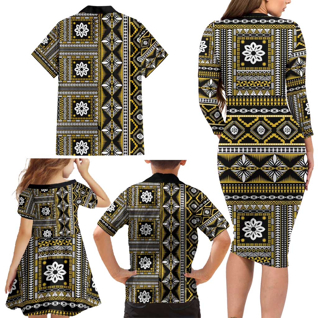 Fiji Masi Tapa Pattern Yellow Family Matching Long Sleeve Bodycon Dress and Hawaiian Shirt LT01 - Polynesian Pride