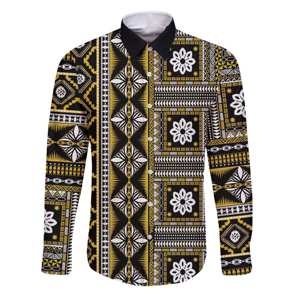 Fiji Masi Tapa Pattern Yellow Family Matching Long Sleeve Bodycon Dress and Hawaiian Shirt LT01 Dad's Shirt - Long Sleeve Yellow - Polynesian Pride