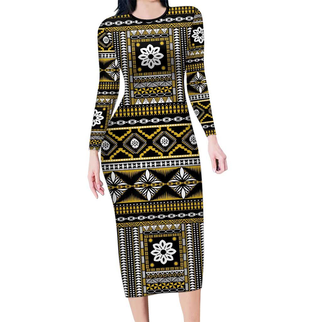Fiji Masi Tapa Pattern Yellow Family Matching Long Sleeve Bodycon Dress and Hawaiian Shirt LT01 Mom's Dress Yellow - Polynesian Pride