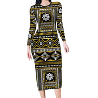 Fiji Masi Tapa Pattern Yellow Family Matching Long Sleeve Bodycon Dress and Hawaiian Shirt LT01 Mom's Dress Yellow - Polynesian Pride