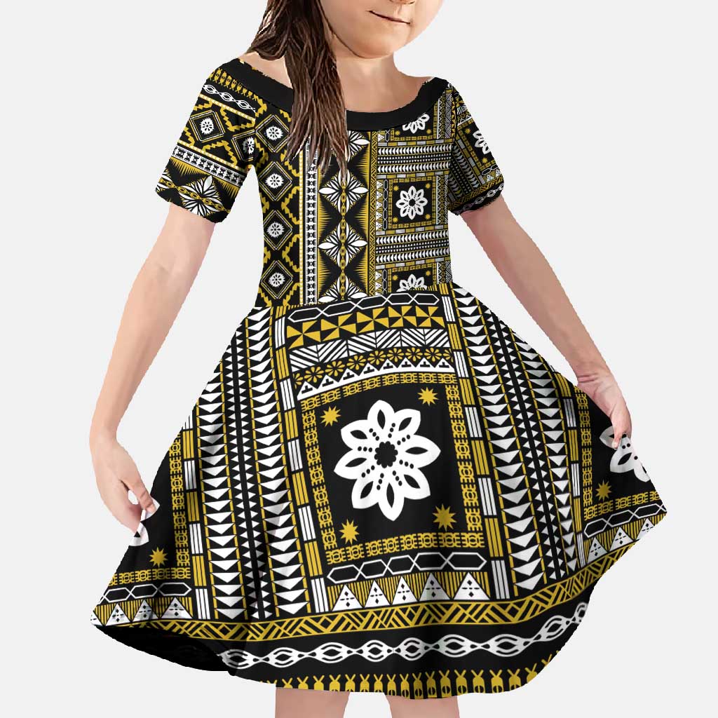 Fiji Masi Tapa Pattern Yellow Family Matching Mermaid Dress and Hawaiian Shirt LT01 Daughter's Dress Yellow - Polynesian Pride