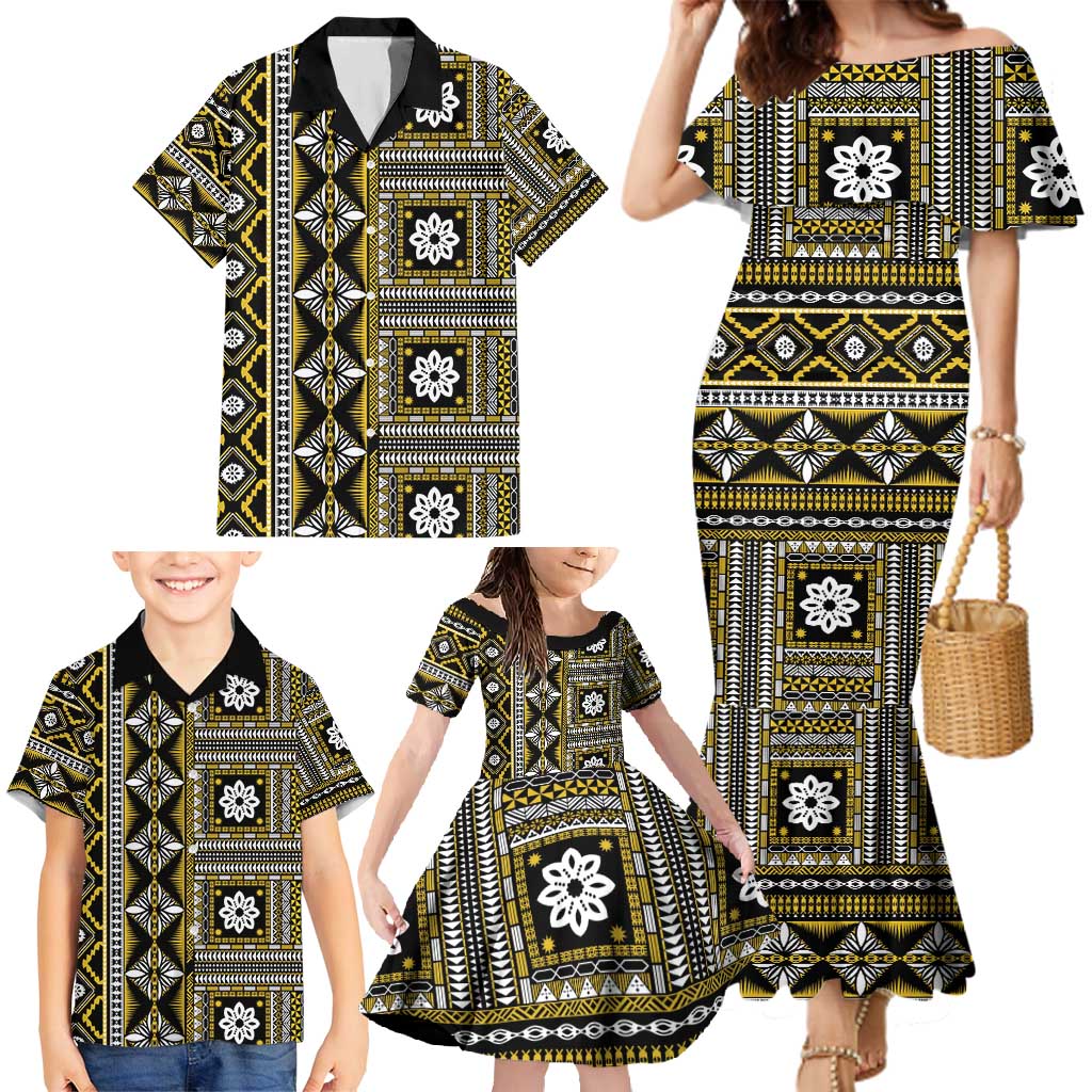Fiji Masi Tapa Pattern Yellow Family Matching Mermaid Dress and Hawaiian Shirt LT01 - Polynesian Pride