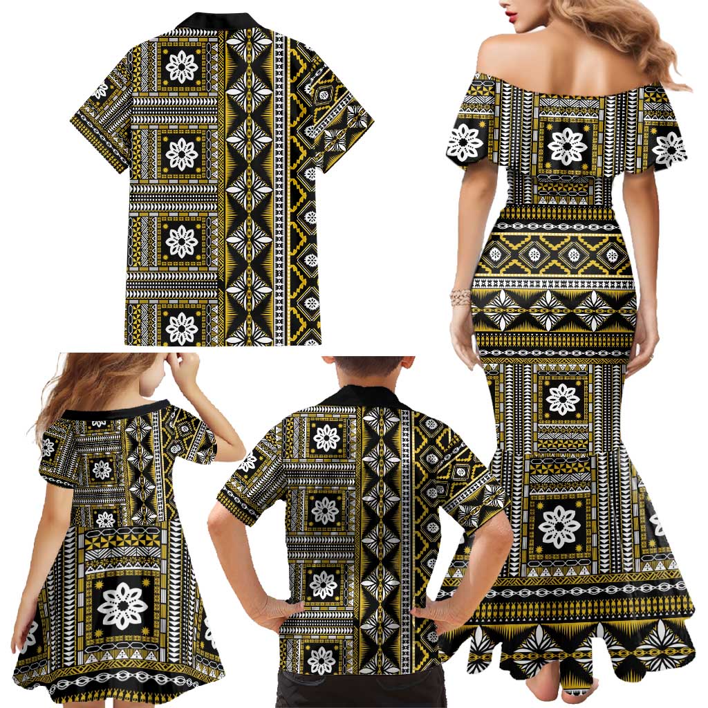 Fiji Masi Tapa Pattern Yellow Family Matching Mermaid Dress and Hawaiian Shirt LT01 - Polynesian Pride