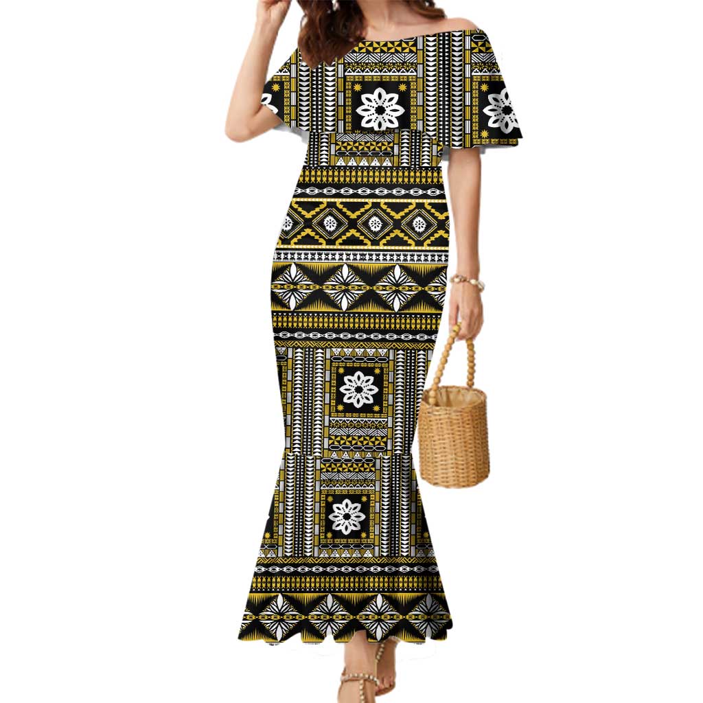 Fiji Masi Tapa Pattern Yellow Family Matching Mermaid Dress and Hawaiian Shirt LT01 Mom's Dress Yellow - Polynesian Pride