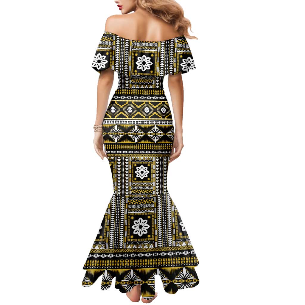 Fiji Masi Tapa Pattern Yellow Family Matching Mermaid Dress and Hawaiian Shirt LT01 - Polynesian Pride