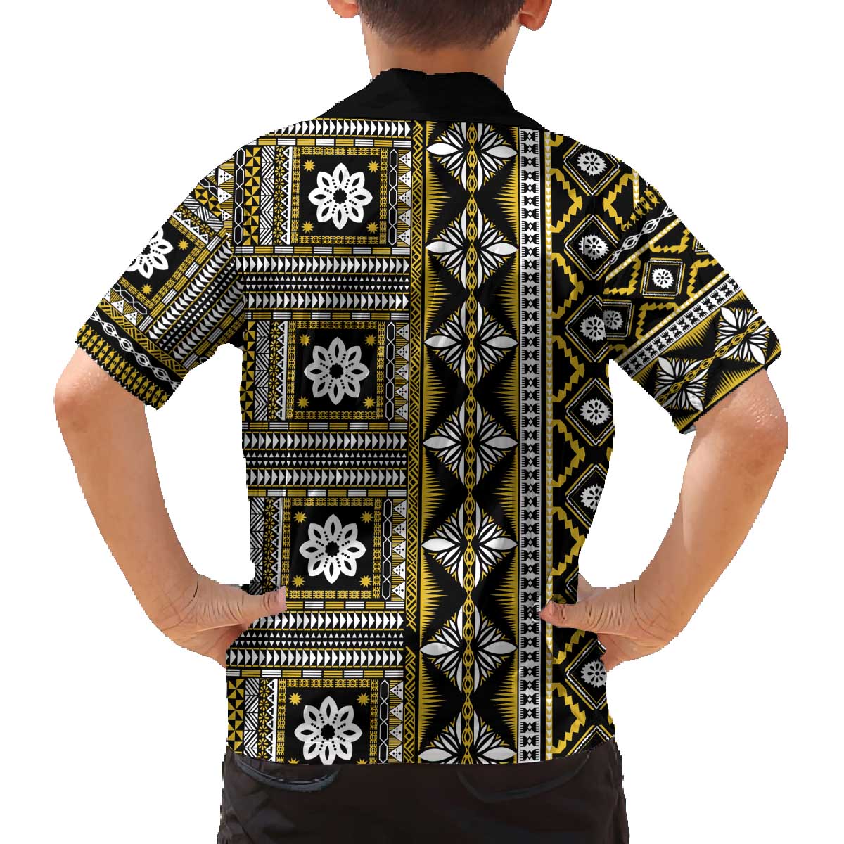 Fiji Masi Tapa Pattern Yellow Family Matching Off The Shoulder Long Sleeve Dress and Hawaiian Shirt LT01 - Polynesian Pride
