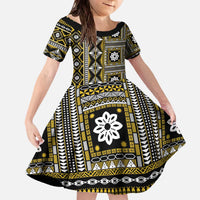 Fiji Masi Tapa Pattern Yellow Family Matching Off The Shoulder Long Sleeve Dress and Hawaiian Shirt LT01 Daughter's Dress Yellow - Polynesian Pride