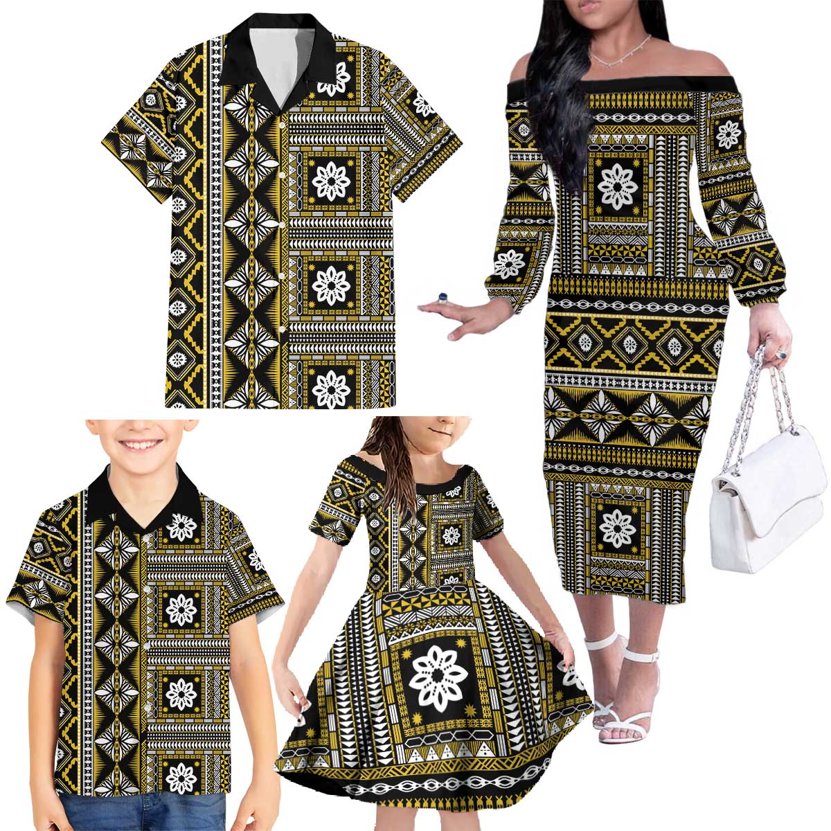 Fiji Masi Tapa Pattern Yellow Family Matching Off The Shoulder Long Sleeve Dress and Hawaiian Shirt LT01 - Polynesian Pride