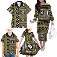 Fiji Masi Tapa Pattern Yellow Family Matching Off The Shoulder Long Sleeve Dress and Hawaiian Shirt LT01 - Polynesian Pride