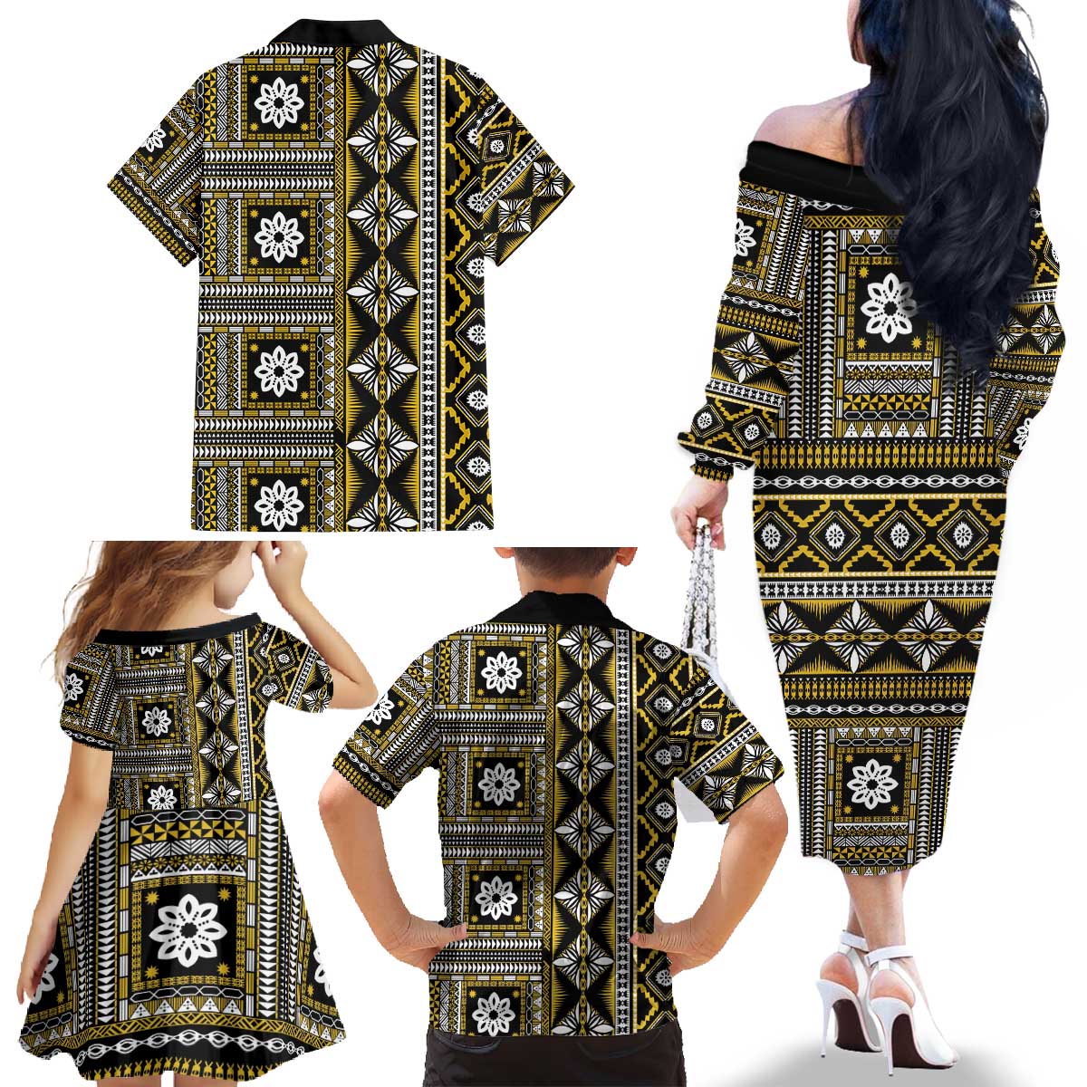 Fiji Masi Tapa Pattern Yellow Family Matching Off The Shoulder Long Sleeve Dress and Hawaiian Shirt LT01 - Polynesian Pride