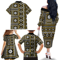 Fiji Masi Tapa Pattern Yellow Family Matching Off The Shoulder Long Sleeve Dress and Hawaiian Shirt LT01 - Polynesian Pride