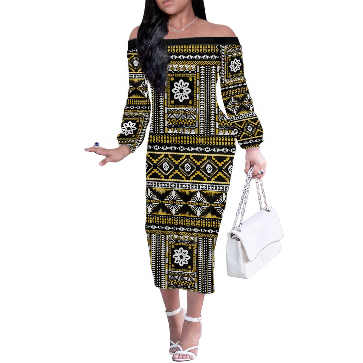 Fiji Masi Tapa Pattern Yellow Family Matching Off The Shoulder Long Sleeve Dress and Hawaiian Shirt LT01 Mom's Dress Yellow - Polynesian Pride