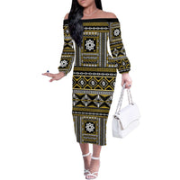 Fiji Masi Tapa Pattern Yellow Family Matching Off The Shoulder Long Sleeve Dress and Hawaiian Shirt LT01 Mom's Dress Yellow - Polynesian Pride