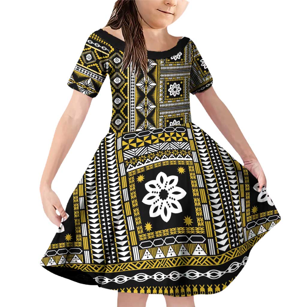 Fiji Masi Tapa Pattern Yellow Family Matching Off Shoulder Short Dress and Hawaiian Shirt LT01 Daughter's Dress Yellow - Polynesian Pride