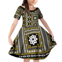 Fiji Masi Tapa Pattern Yellow Family Matching Off Shoulder Short Dress and Hawaiian Shirt LT01 Daughter's Dress Yellow - Polynesian Pride