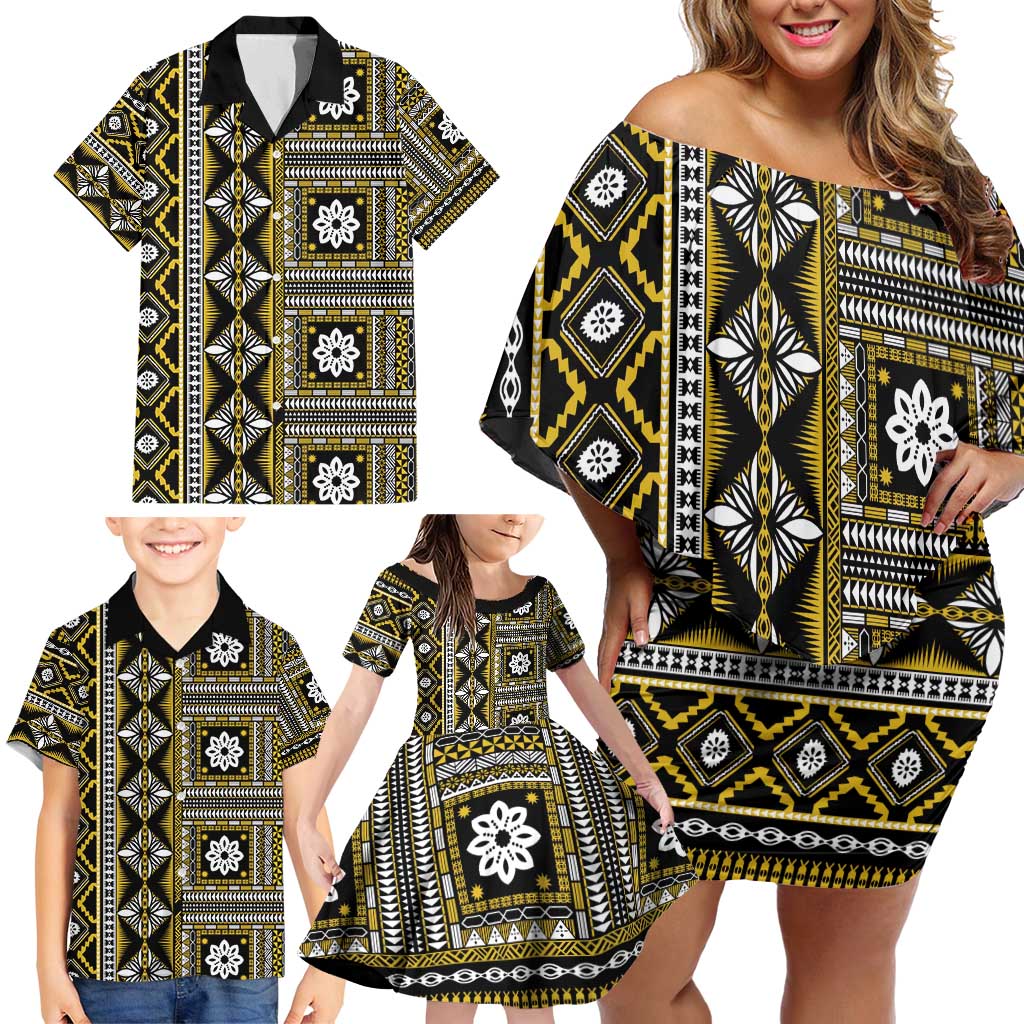 Fiji Masi Tapa Pattern Yellow Family Matching Off Shoulder Short Dress and Hawaiian Shirt LT01 - Polynesian Pride