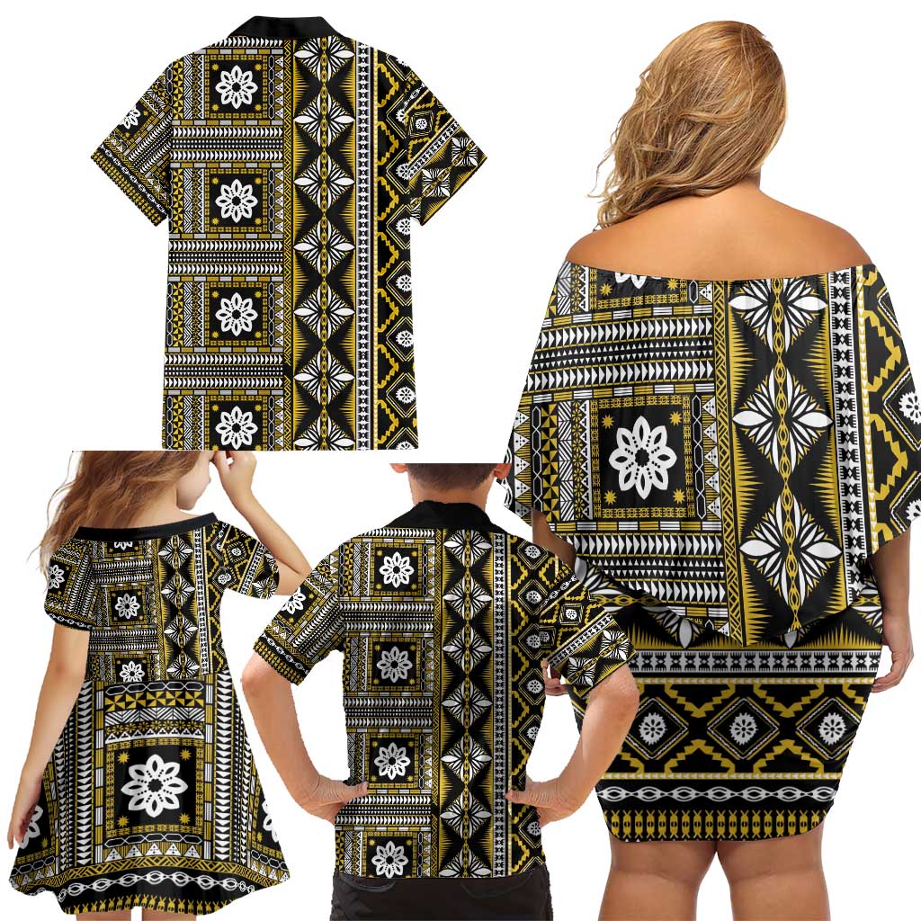 Fiji Masi Tapa Pattern Yellow Family Matching Off Shoulder Short Dress and Hawaiian Shirt LT01 - Polynesian Pride