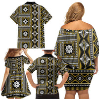 Fiji Masi Tapa Pattern Yellow Family Matching Off Shoulder Short Dress and Hawaiian Shirt LT01 - Polynesian Pride