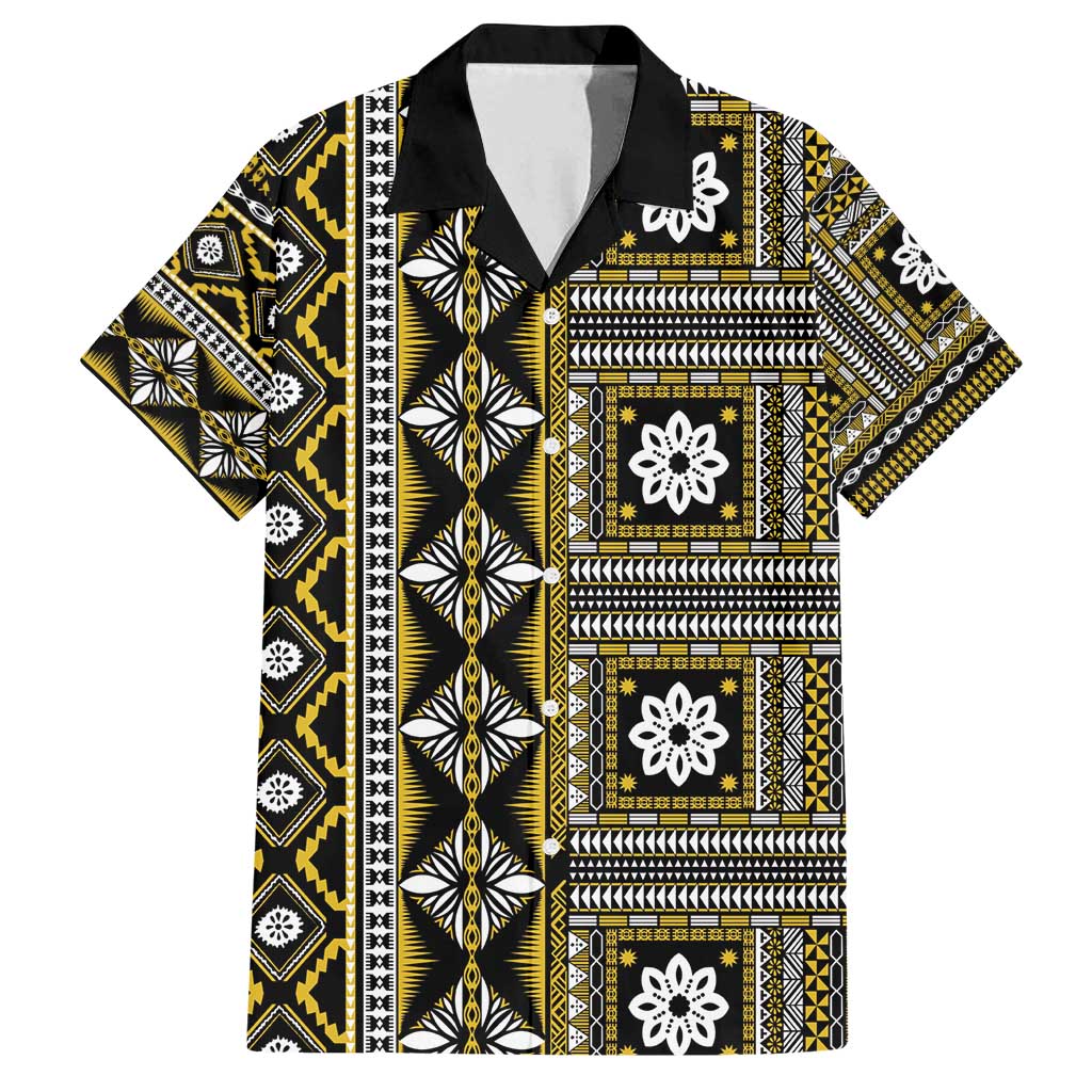 Fiji Masi Tapa Pattern Yellow Family Matching Off Shoulder Short Dress and Hawaiian Shirt LT01 Dad's Shirt - Short Sleeve Yellow - Polynesian Pride