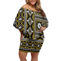 Fiji Masi Tapa Pattern Yellow Family Matching Off Shoulder Short Dress and Hawaiian Shirt LT01 Mom's Dress Yellow - Polynesian Pride