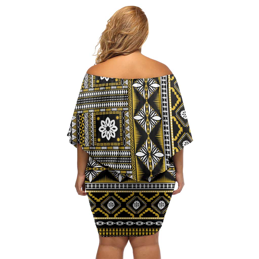 Fiji Masi Tapa Pattern Yellow Family Matching Off Shoulder Short Dress and Hawaiian Shirt LT01 - Polynesian Pride