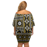 Fiji Masi Tapa Pattern Yellow Family Matching Off Shoulder Short Dress and Hawaiian Shirt LT01 - Polynesian Pride